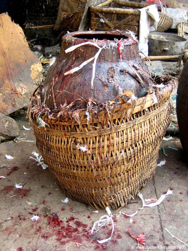 This lovely collector's piece was located in front of a meat market right across the street from a bunch of tied-up chickens.  The butcher himself can be seen in the next picture... 