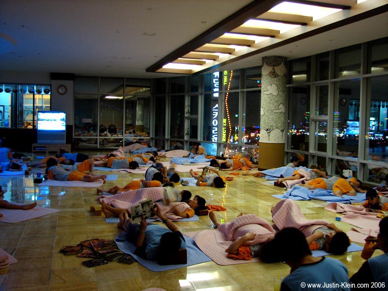 Relaxin' in the Chimjilbang. Check out the bright lights outside the window.