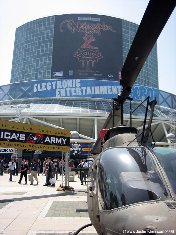 The front of the convention center readies for the first day of E3 2006. 