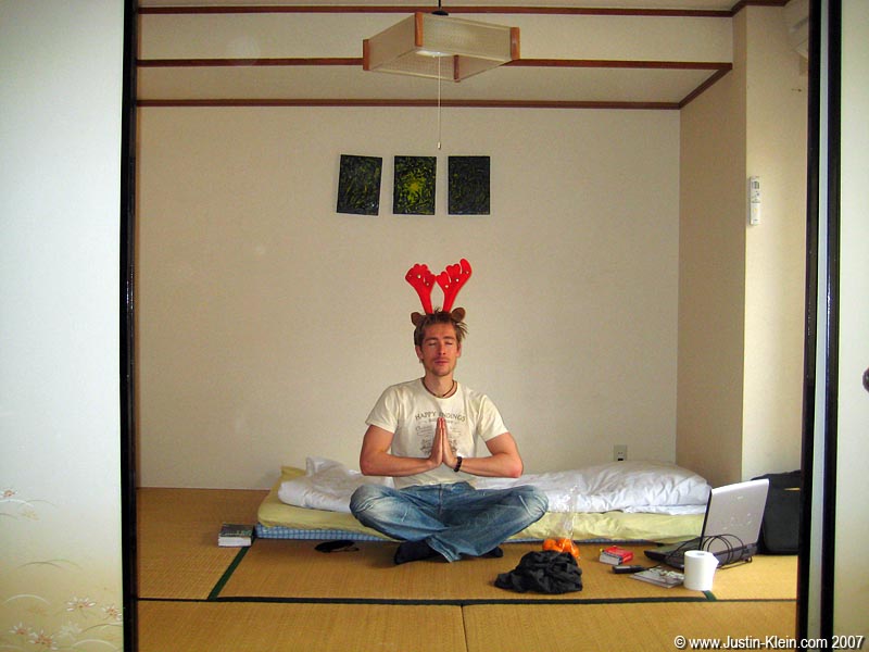 Peder meditating with his antlers in our new home. 