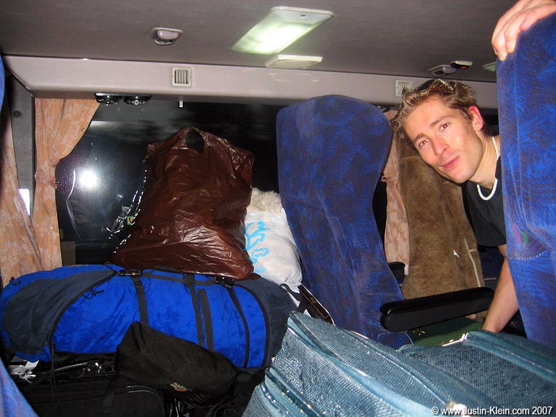 This is what happens when you try to load everything you've owned for the last two years onto a bus. 