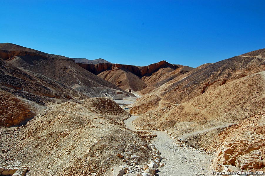 Looking down on the Valley of the Kings - you can see the entrance to two of the tombs.