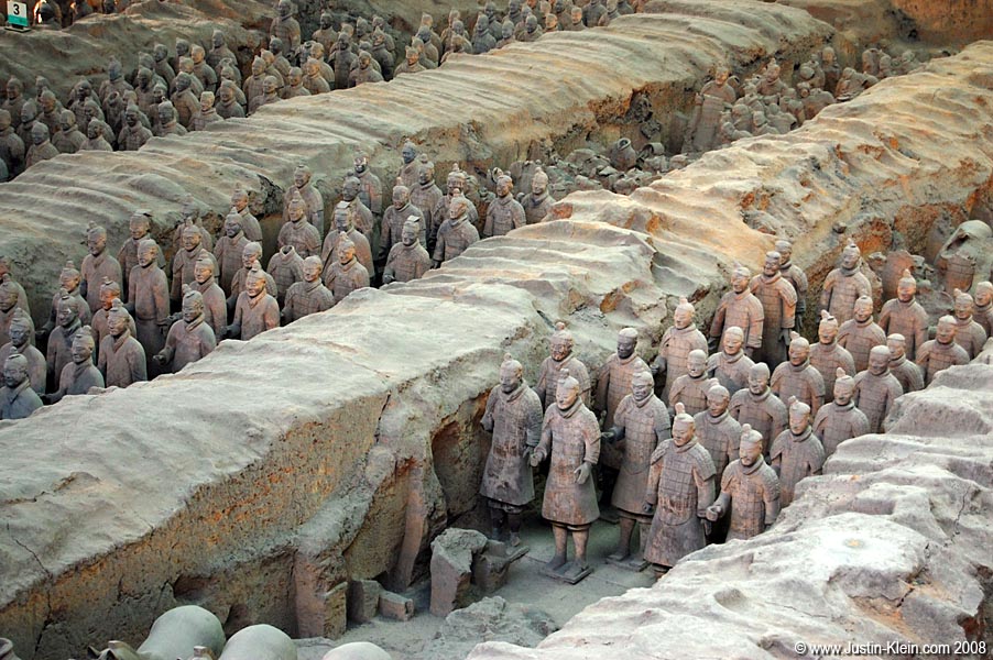 The famous Terracotta Army. It's pretty damn crazy when you really think about it...And unlike the Great Wall or the Pyramids of Egypt, which could've been built by anyone capable of laying a brick, this momentous accomplishment required thousands of man-hours by <i>skilled craftsmen</i>.