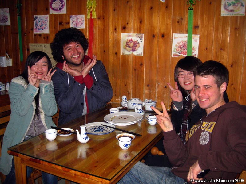 Out for a snack at Dumpling Dynasty with Dave (the Aussie who convinced me to catch a flight from Guangzhou to Yangshuo), Carey, and Lively (Two girls from the next province whose parents sent them to Yangshuo for a month...in hopes of meeting foreigners and learning English).