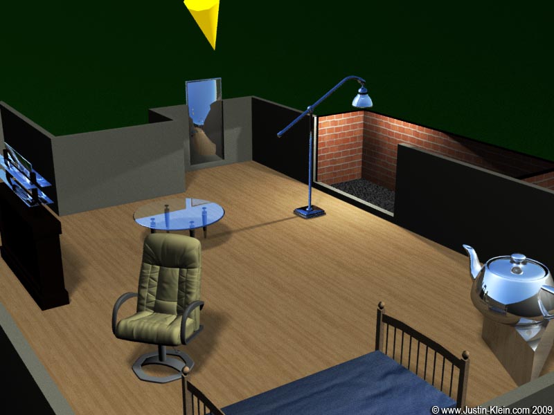 An early snapshot of a scene generated by FP3D: Soft shadows, reflective/refractive glass, atmospheric sky (reflected in the teapot)...things are coming along! 