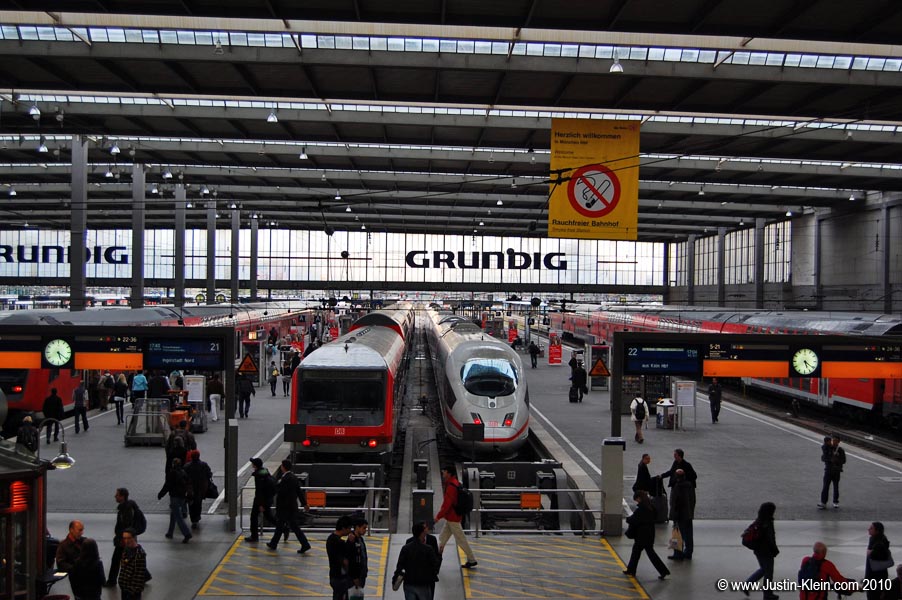 Munich Central Station - the white train is a high-speed "ICE."