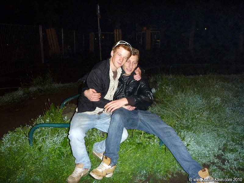 My two new buddies: A coherent Bence trying to prevent an incoherent Csomi from falling onto the wet grass on Margit Sziget, somewhere around 4am.