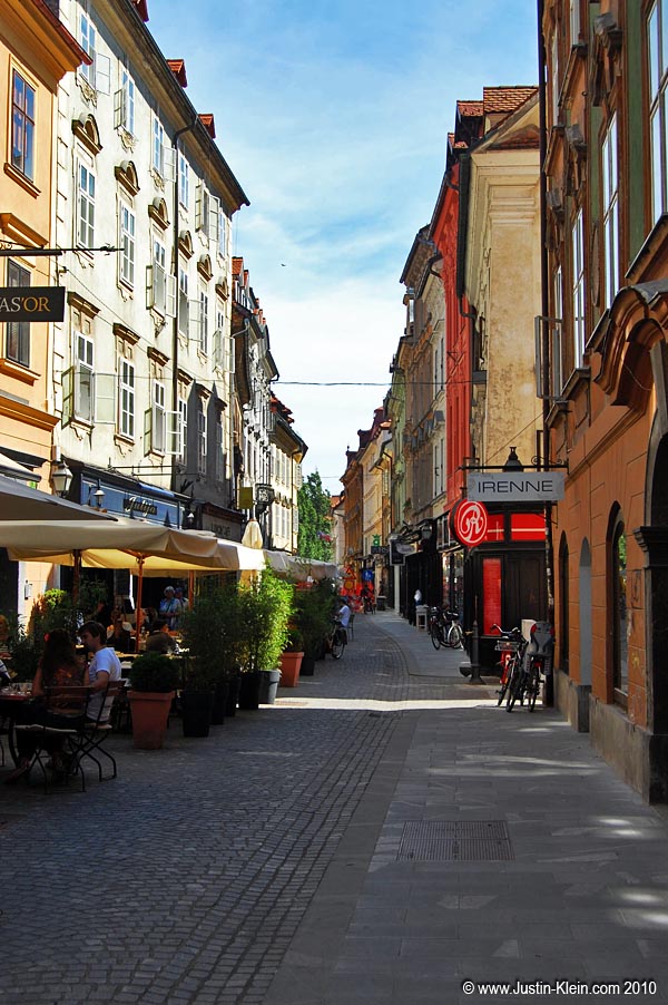 A thin walking street in Old Town Ljubljana.