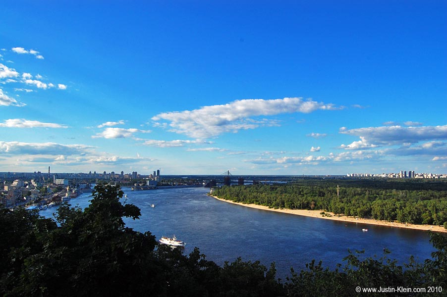 Across the Dnieper River sits Trukhaniv Island, lined with sandy beaches and recreational areas.