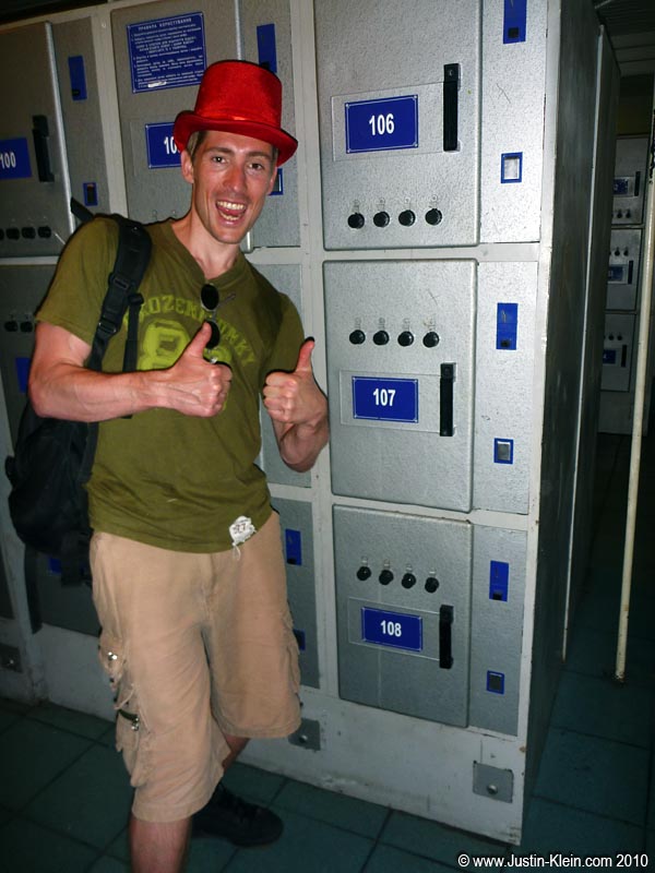 We did it. We somehow managed to cram our huge backpacks into these not-<i>nearly</i>-big-enough coin lockers.