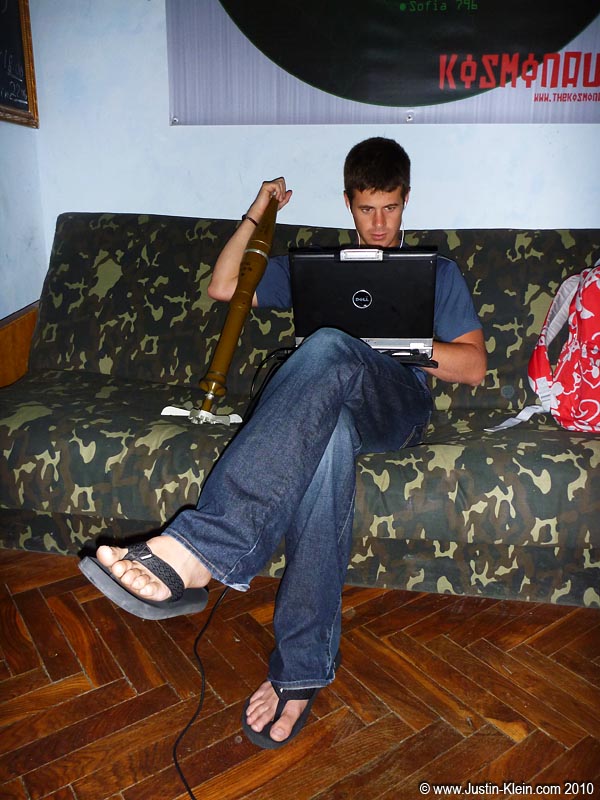 Peder catches me using an antique missile as an armrest while getting a bit of work done in our hostel's lobby. The decor in Kosmonaut Hostel was some of the most interesting I've ever come across.