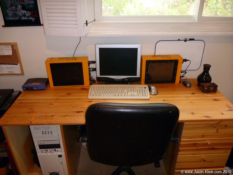 And the 2nd half of the story: the radars themselves. Note that these are just the controllers; the actual antennas & main head electronics are hidden underneath the desk. Both are on an Insteon network so I can power them on remotely, then control them with LogMeIn, connect to my VPN, and execute code directly with Visual Studio's remote debugger. Handy : )