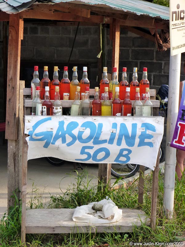 Motorbikes rent for only $5 a day, and 1-litre refills (via repurposed whiskey bottles) are available all over town.