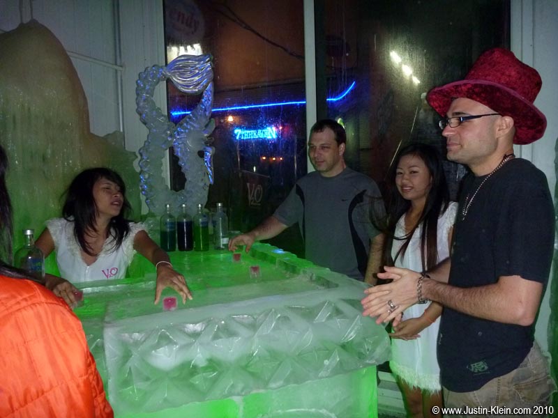 Our nights out in Patong followed a familiar pattern.  First, we'd have a shot at the ice bar (where even the shot glasses are ice).  It always felt great to get out of the heat...and then equally great to escape from the cold : P