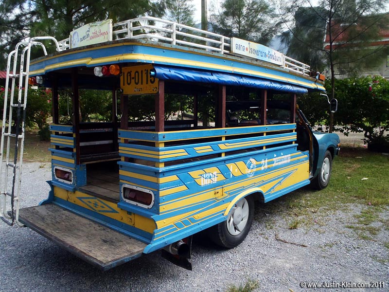 In smaller towns, local transport are often these pickups-type things, with wooden floors and two lengthwise benches. They run back and forth along the major routes, cramming in as many passengers as they can - and charging next to nothing for a ride.