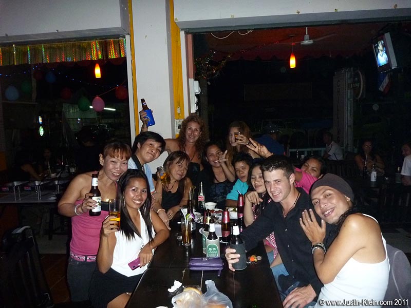 The whole crew out for the cook's birthday. On the front-right is Sara, Krabi's iconic ladyboy.
