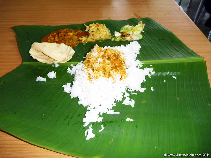 Indian briyani, served on a banana leaf and eaten with bare hands.