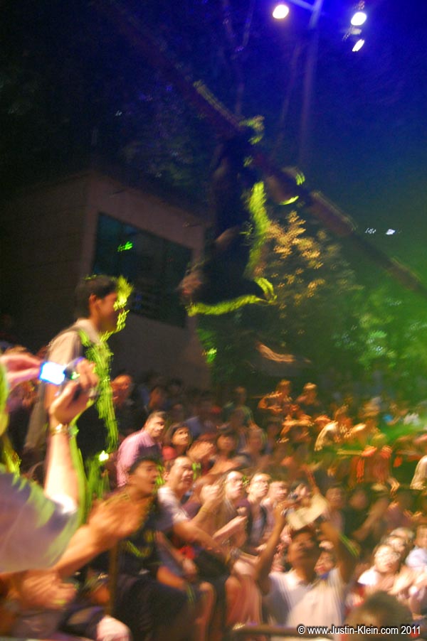 The animal show (with a very strange-looking tightrope walker dangling over the crowd).